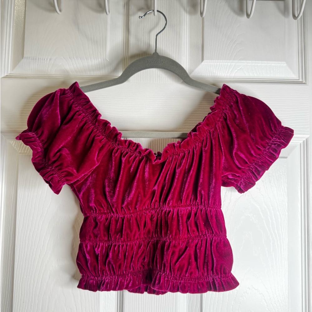 Off-Shoulder Crop Top Velvet Short Sleeves Top